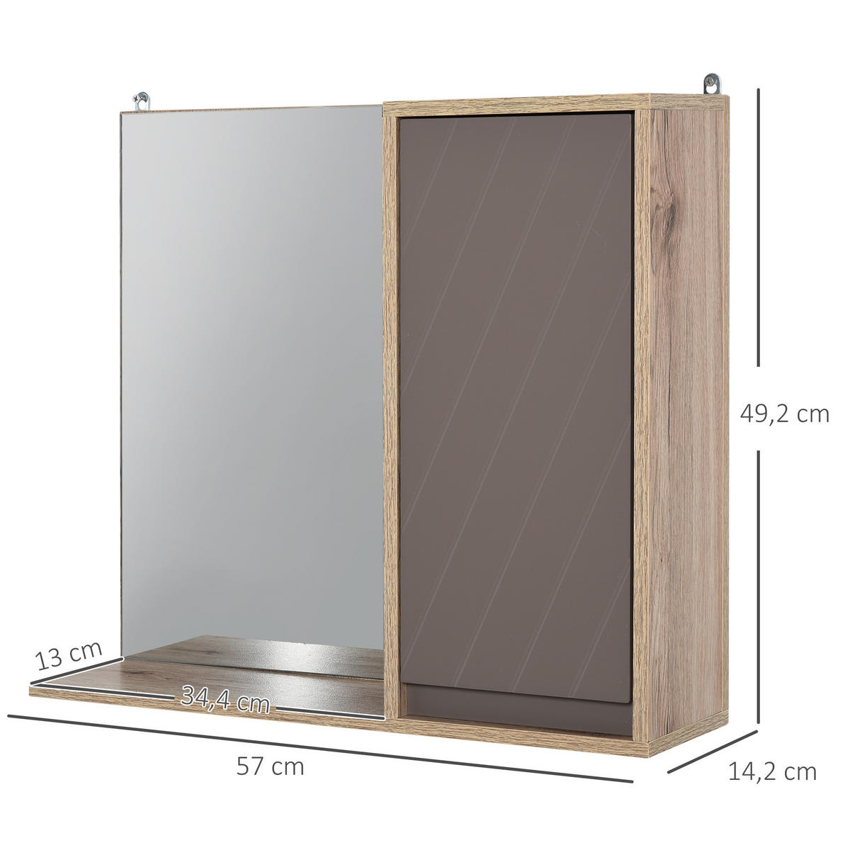 SPIEGELSCHRANK, wandmontiertes Möbelstück mit einer Tür und verstellbarem Einlegeboden,57x14,2x49,2cm(Eiche und Grau) - Braun, Glas (57/49.2/15cm) - Vallsero