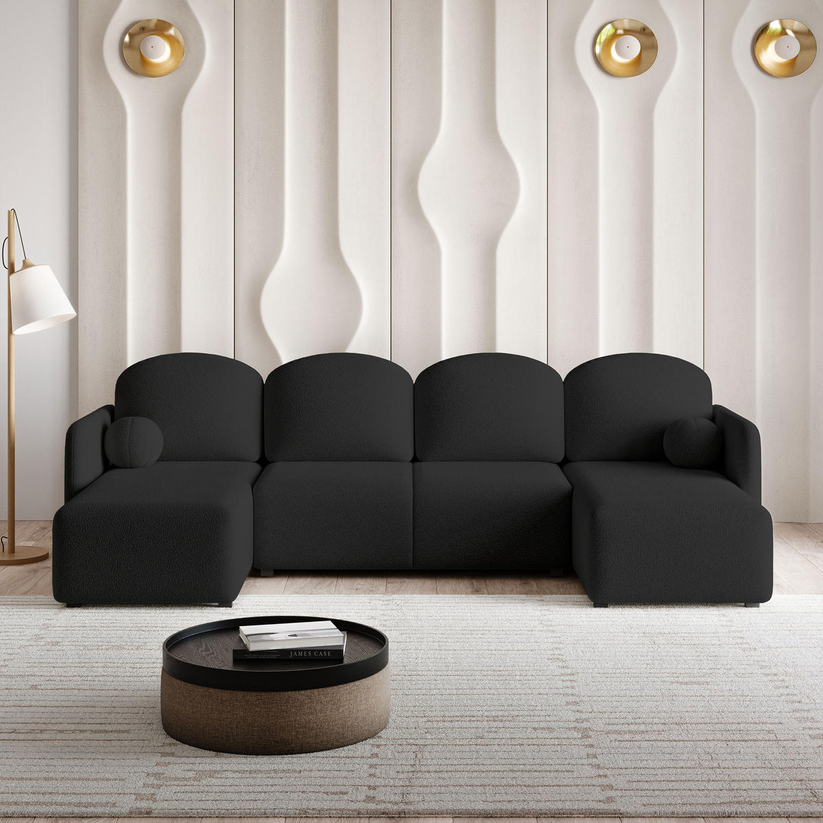 ROHOVÁ SEDAČKA NUBERO černá - šedá/černá, dřevo/textil (285/143cm) - MASSENO