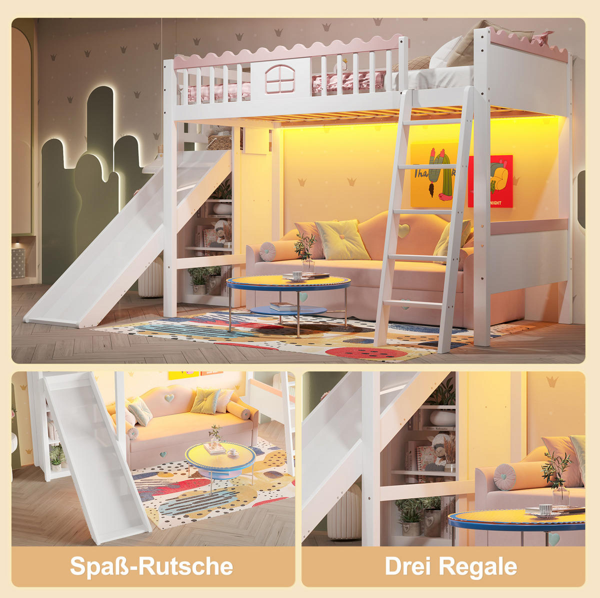 HOCHBETT aus Kiefer und MDF 90x200 cm Weiß mit Rutsche, LED-Beleuchtung und 3 Regalen - Weiß, Holz (90/200cm) - IVMEU