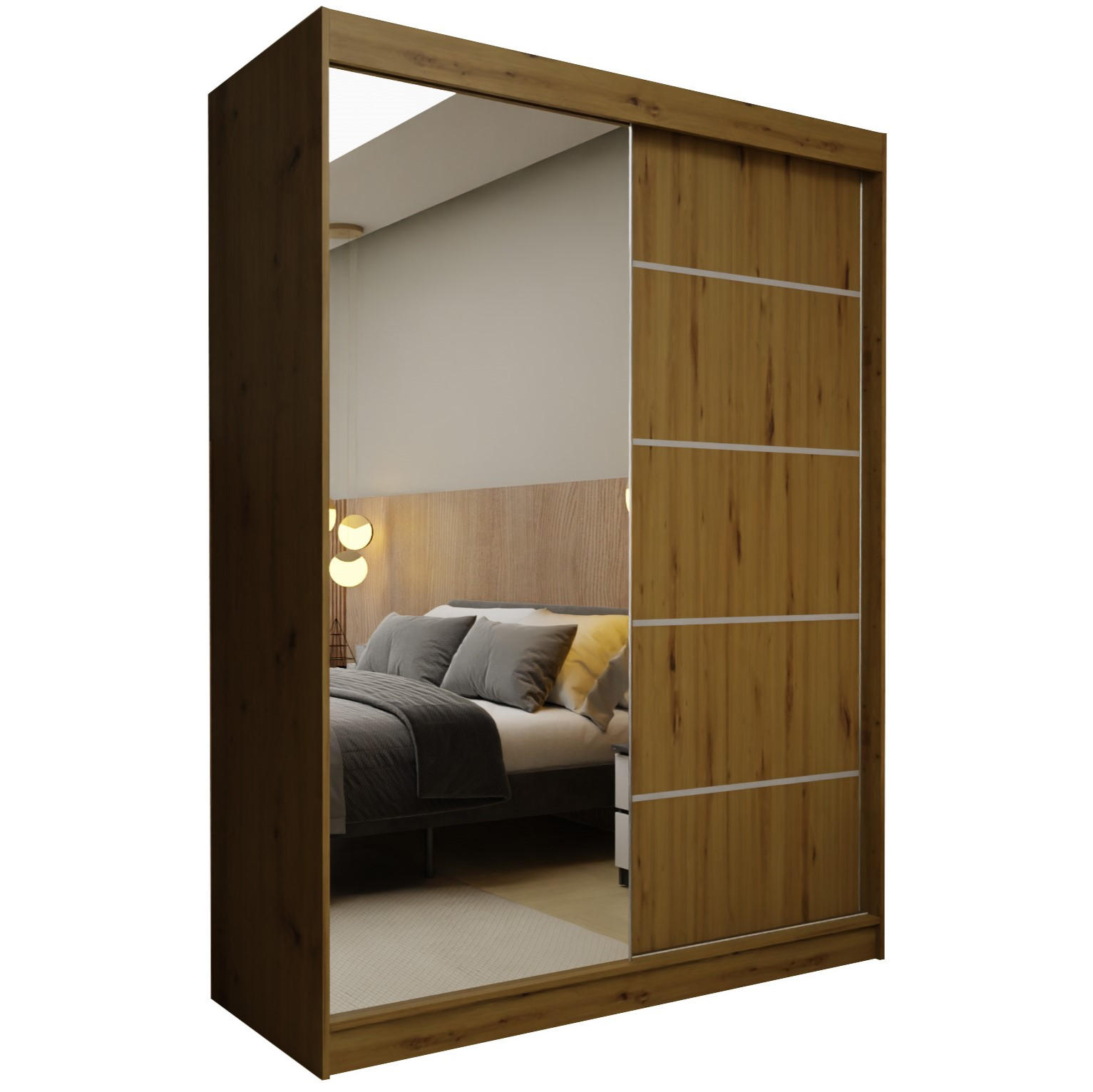 SCHWEBETÜRENSCHRANK MIRELLA 150/216/61 cm 2-türig mit Spiegel Eiche Artisan - Eiche Artisan, Holzwerkstoff (150/216/61cm) - MASSENO