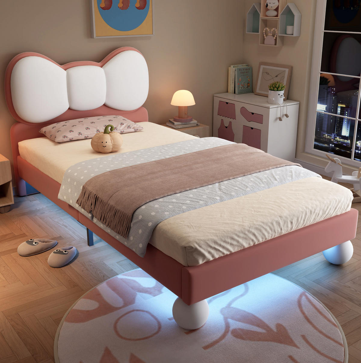 OTROŠKA postelja 90/200 cm bež in roza z LED-osvetlitvijo in metuljastim vzglavjem iz žameta - roza, tekstil (90/200cm) - OKWISH