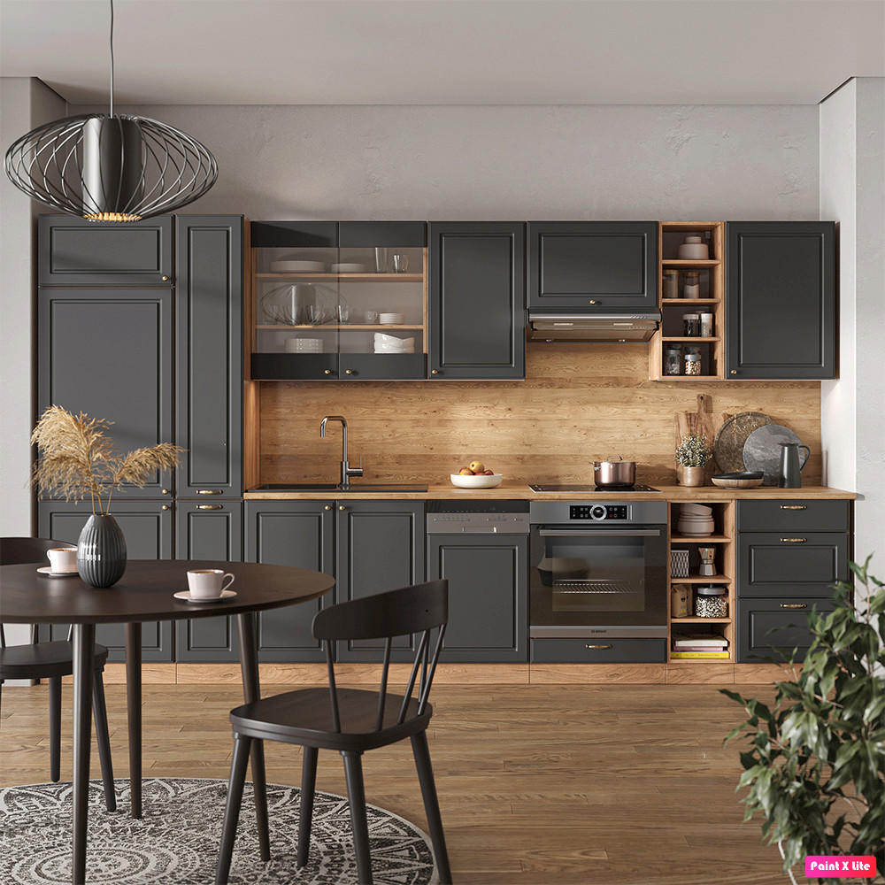 KÜCHENZEILE Fame-Line Anthrazit Landhaus/Goldkraft Eiche 355 cm AP Marmor - Dunkelgrau/Eiche Wotan, Holzwerkstoff (355/81.6/60cm) - Vicco