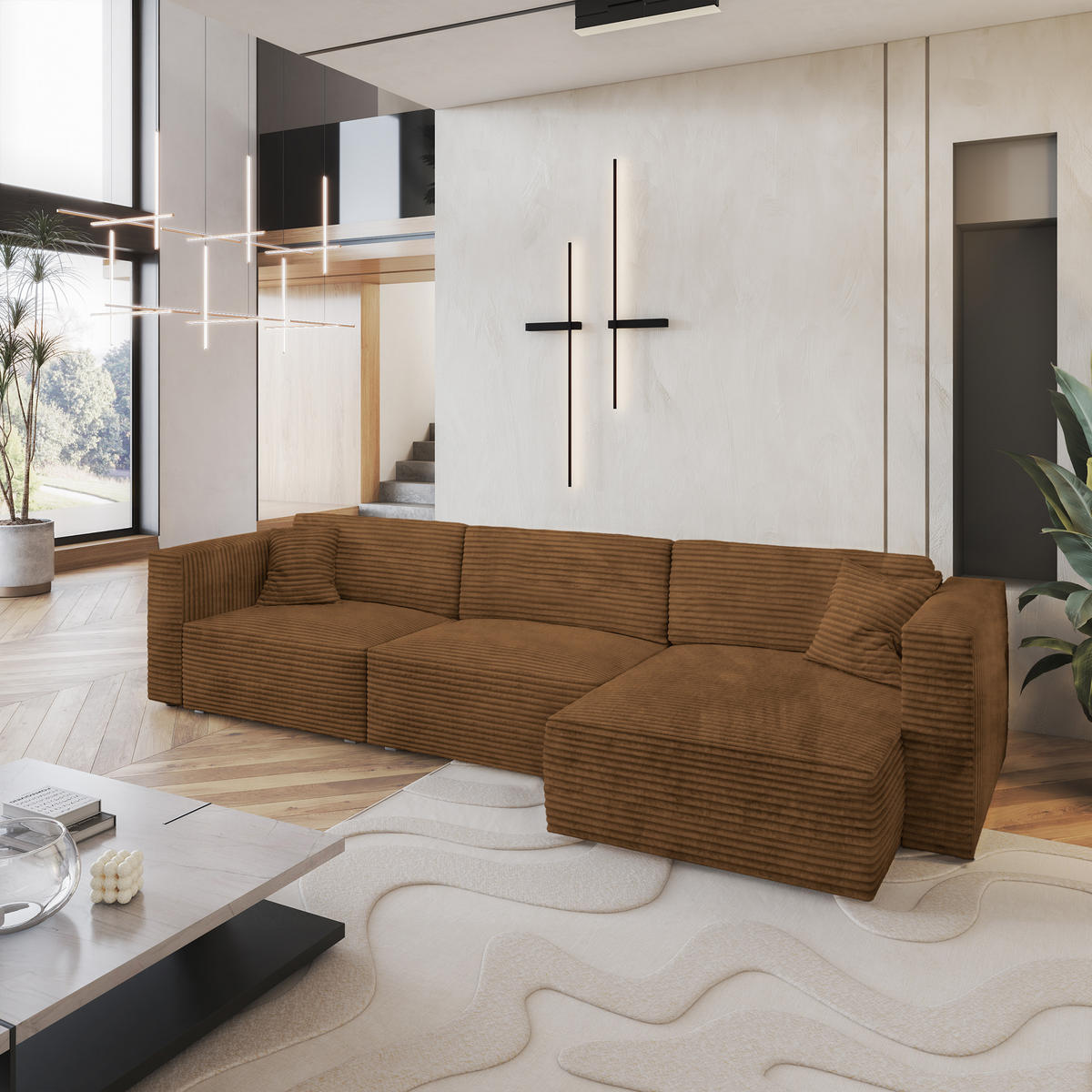 ECKSOFA TOLMO Kupferfarben Kordstoff mit Schlaffunktion - Kupferfarben, Holz (347/148cm) - MASSENO