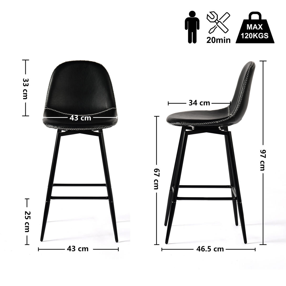 BARHOCKER Drehbare 2er-Set H67 cm - Schwarz, Textil/Metall (42.5/97/46.5cm) - Urban Meuble