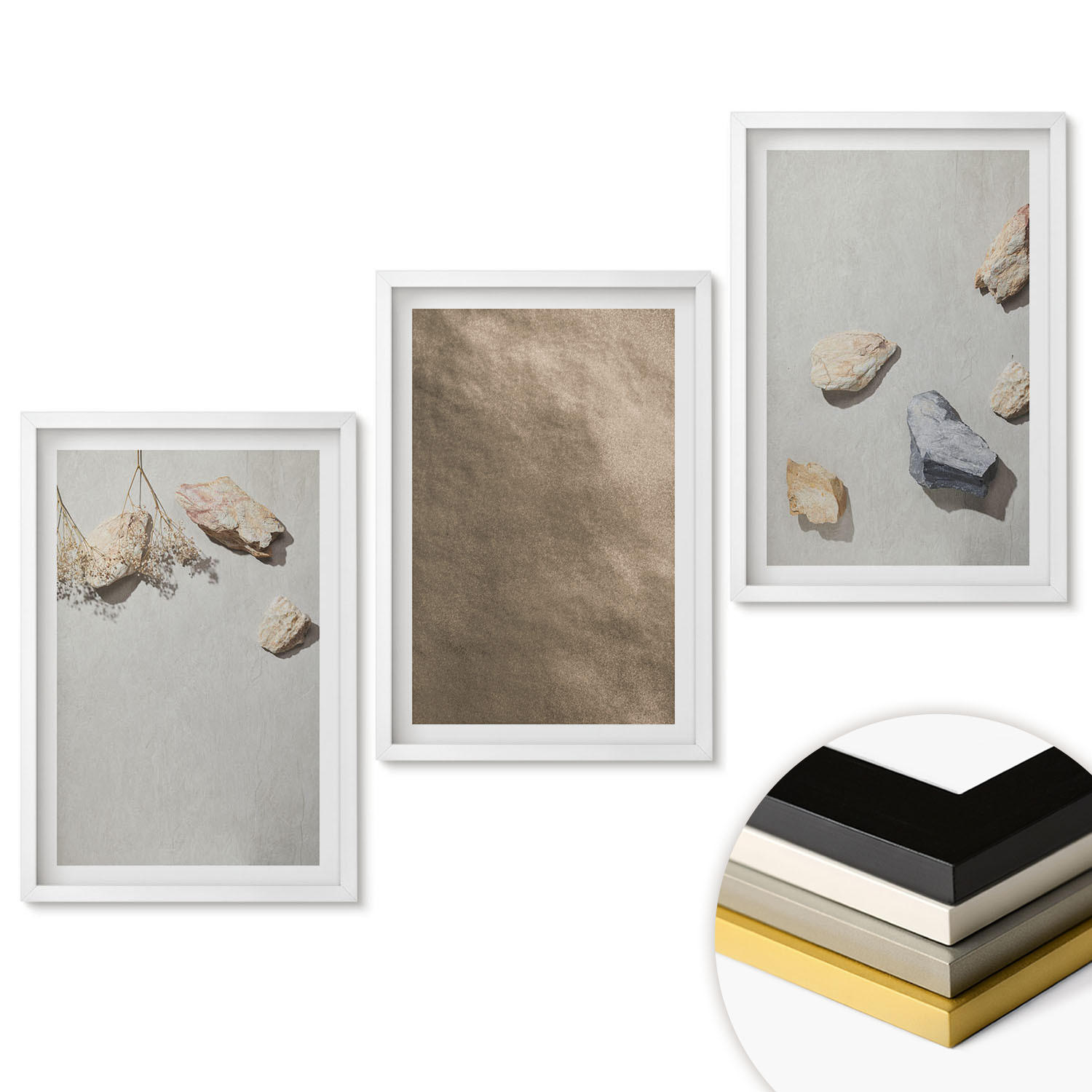 WANDBILDER 3er-Set - 40x60 cm Weißer Rahmen - Steine Strand natürliche Strukturen - Weiß, Kunststoff (40/60cm) - ArtPrintCave
