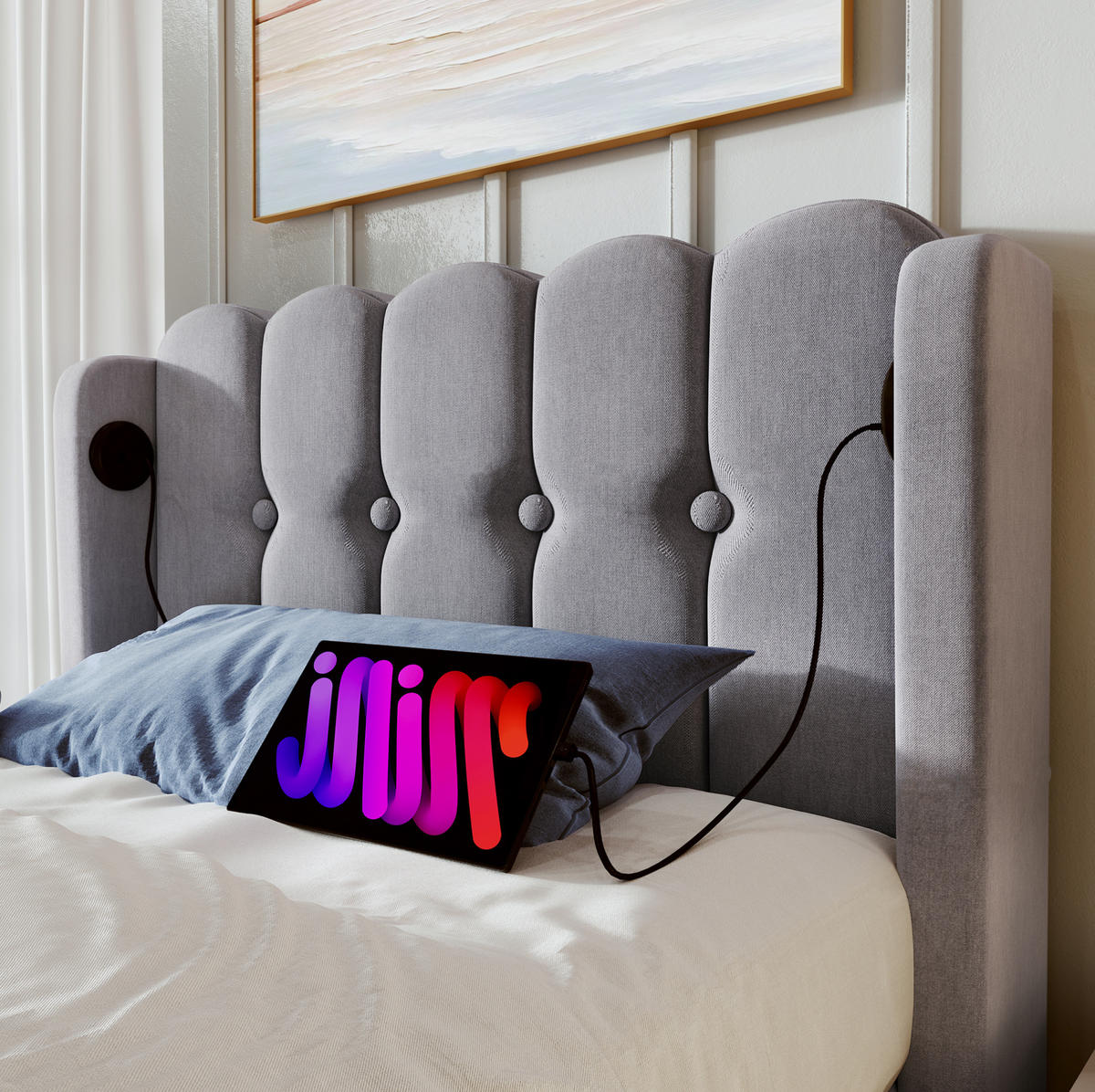 POLSTERBETT 90/200 cm mit USB-C und Lattenrost, grau, gepolstertes Kopfteil - Grau, Textil (90/200cm) - BEAOK
