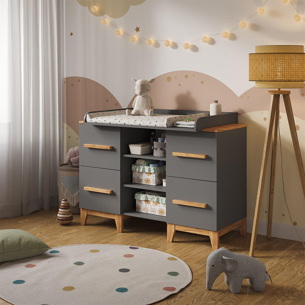 Thumbnail - VitaliSpa Wickelkommode, Grau, Holzwerkstoff, 3 Fächer, 4 Schubladen, Rechteckig, 133x98x70 cm, Babymöbel, Wickelkommode...