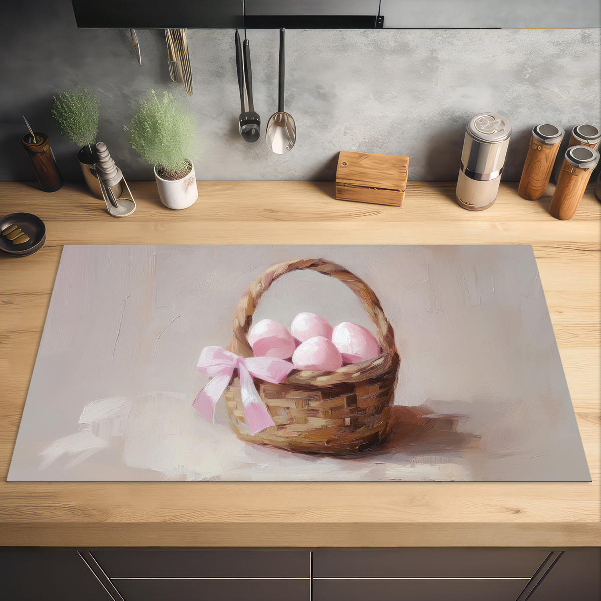 HERDABDECKPLATTE Korb - Eier - Rosa Induktionsschutz 91.2x52 cm - Beige, Kunststoff (91.2/52/0.2cm) - MuchoWow