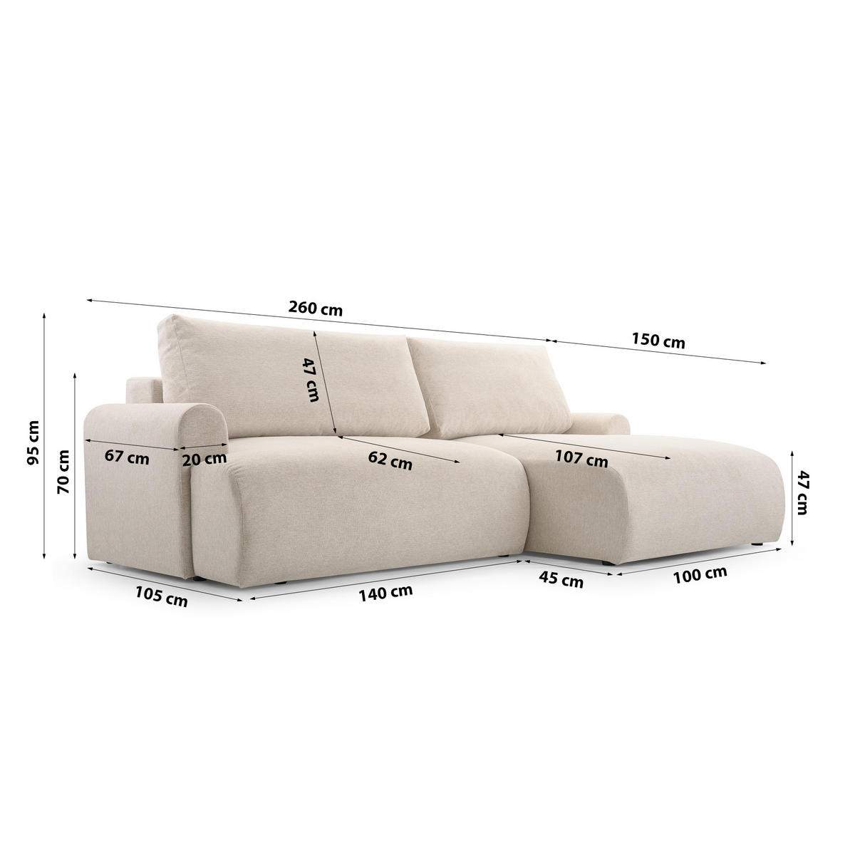 ECKSOFA mit Schlaffunktion Brauel, Creme - Creme, Textil (150/260cm) - Meblito