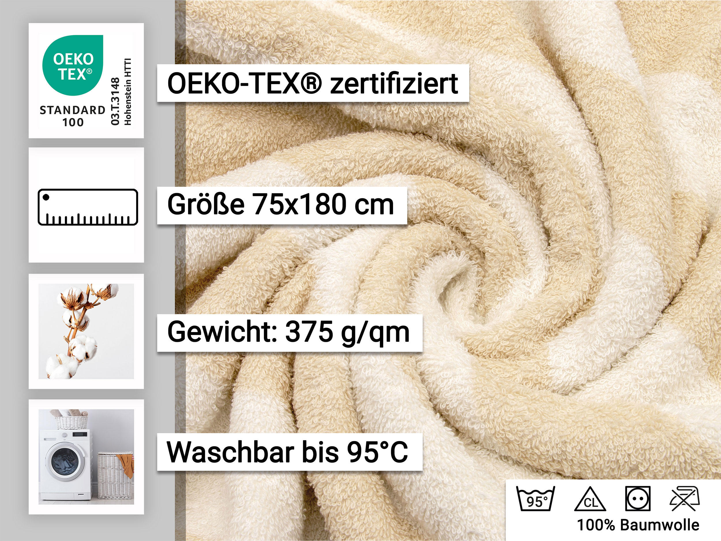 SAUNATUCH, 2er-Set, 75x180 cm, 100% Baumwolle, Weiß - Beige, Textil (75/180cm) - Zollner