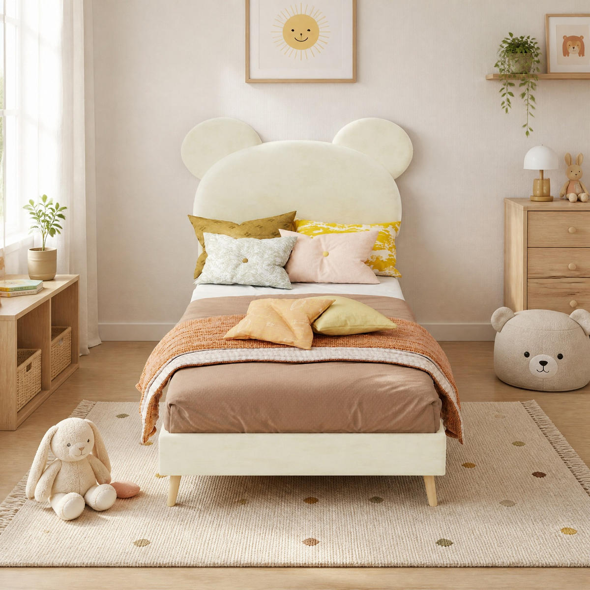 POLSTERBETT 90/200 mit Stauraum und Cartoon-Kopfteil in Beige - Beige, Holzwerkstoff/Textil (90/200cm) - EVRYAE