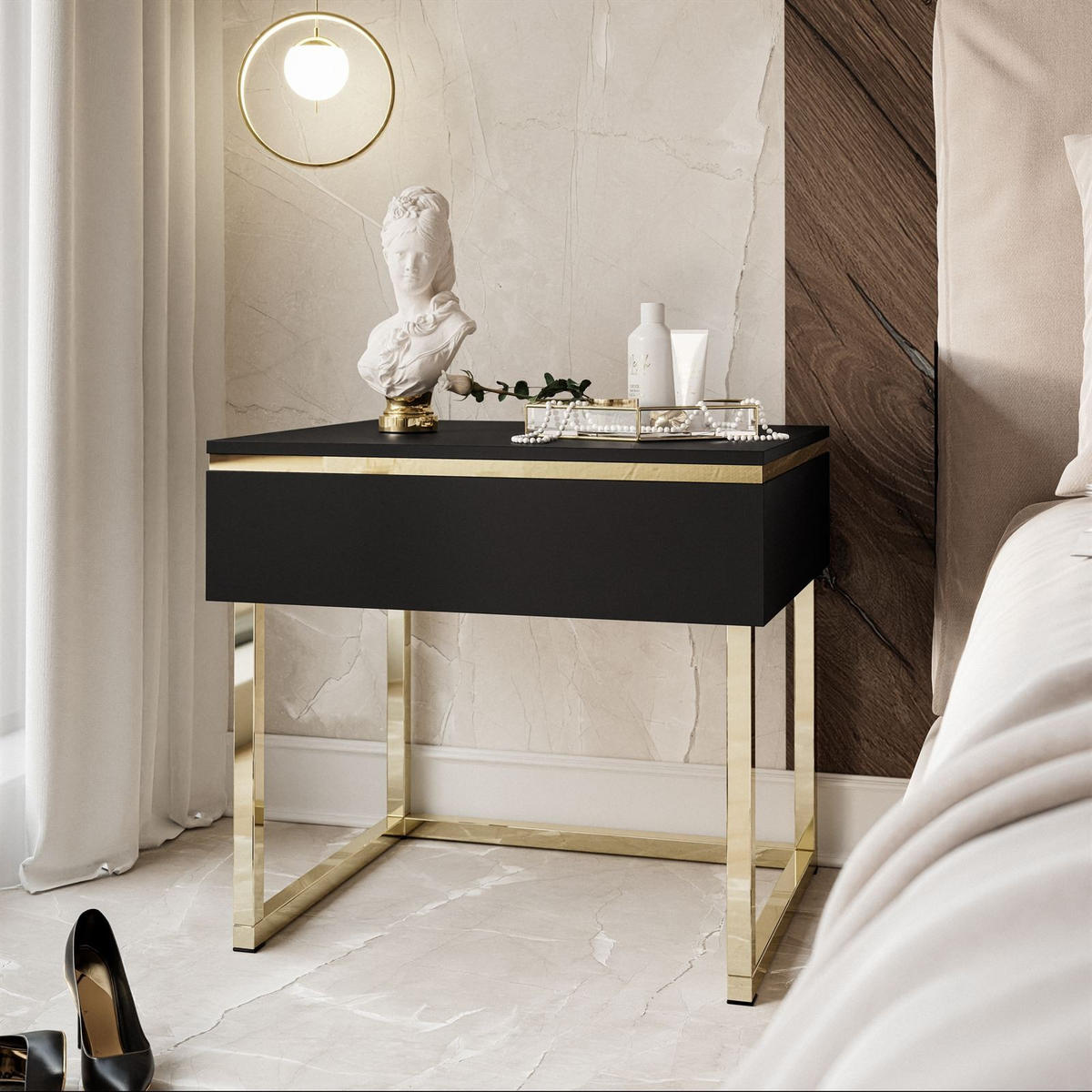 NACHTTISCH AURORA auf goldenem Gestell Schwarz Matt - Goldfarben/Schwarz, Holzwerkstoff/Metall (48/45/38cm) - Lookway