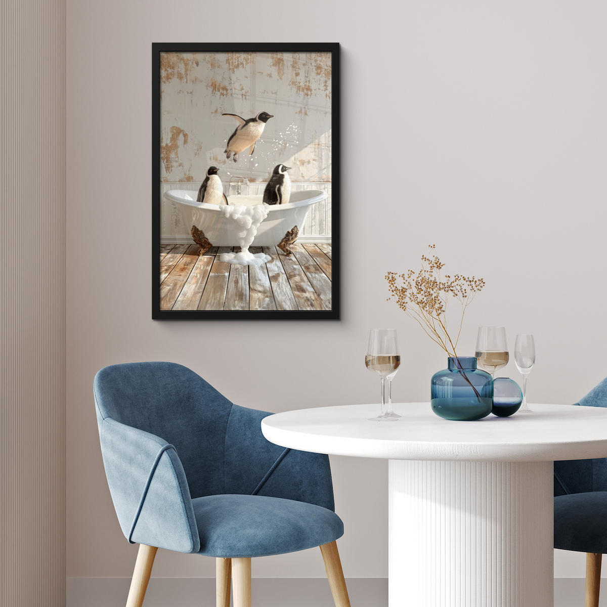 GERAHMTES BILD Vintage - Pinguin - Badewanne - Schaumstoff 40x60 cm - Schwarz, Papier (40/60cm) - MuchoWow