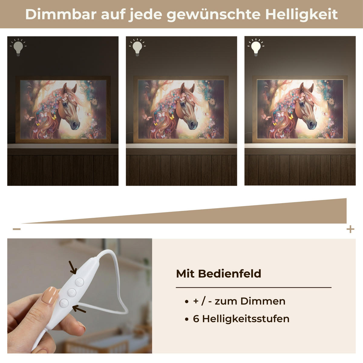 NACHTTISCHLAMPE Pferd - Natur - Blumen - Schmetterlinge - Wald 30x20 cm - Dunkelbraun, Holzwerkstoff (8/30/20cm)