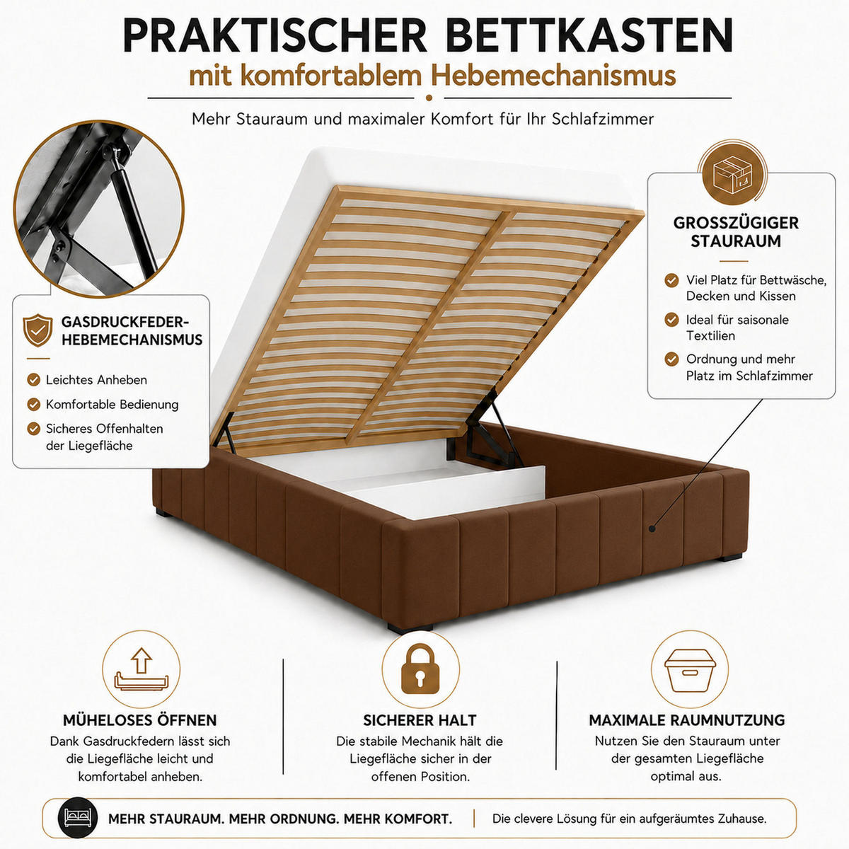 MARPUR Polsterbett NERO 180x200 cm mit Bettkasten und Lattenrost, Dunkelbraun - Chromfarben/Dunkelbraun, Holz/Holzwerkstoff (180/200cm) - Marpur