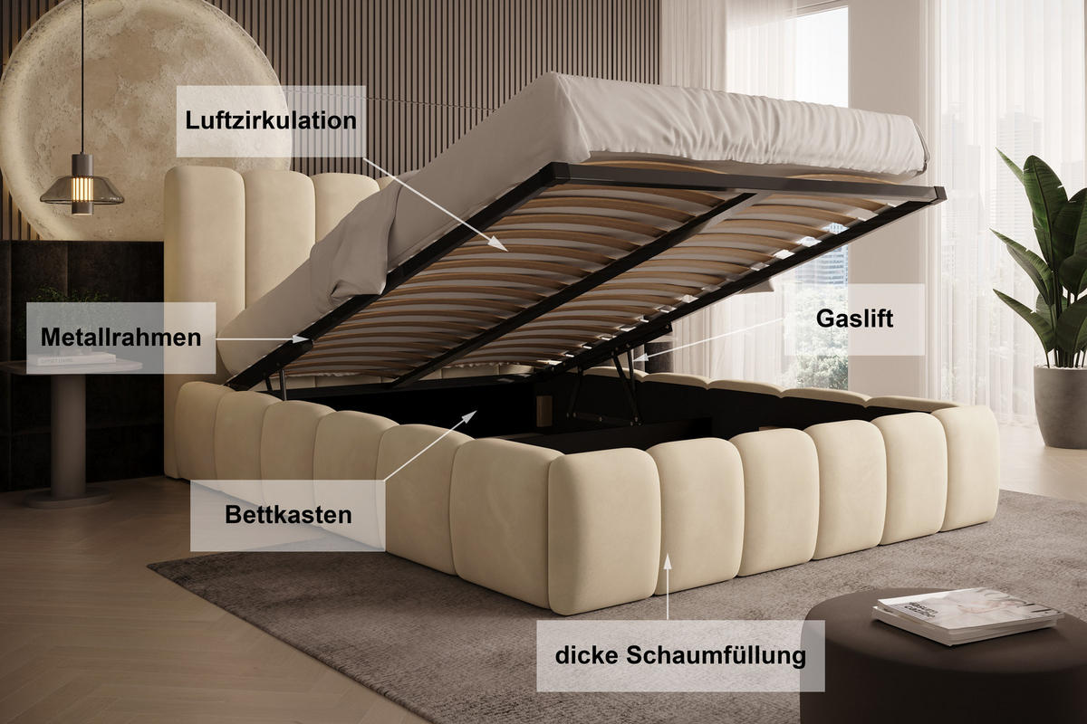 POLSTERBETT Vilo 180x200 mit Bettkasten und Stabilem Metallgestell - Creme, Textil (180/200cm) - Storez24
