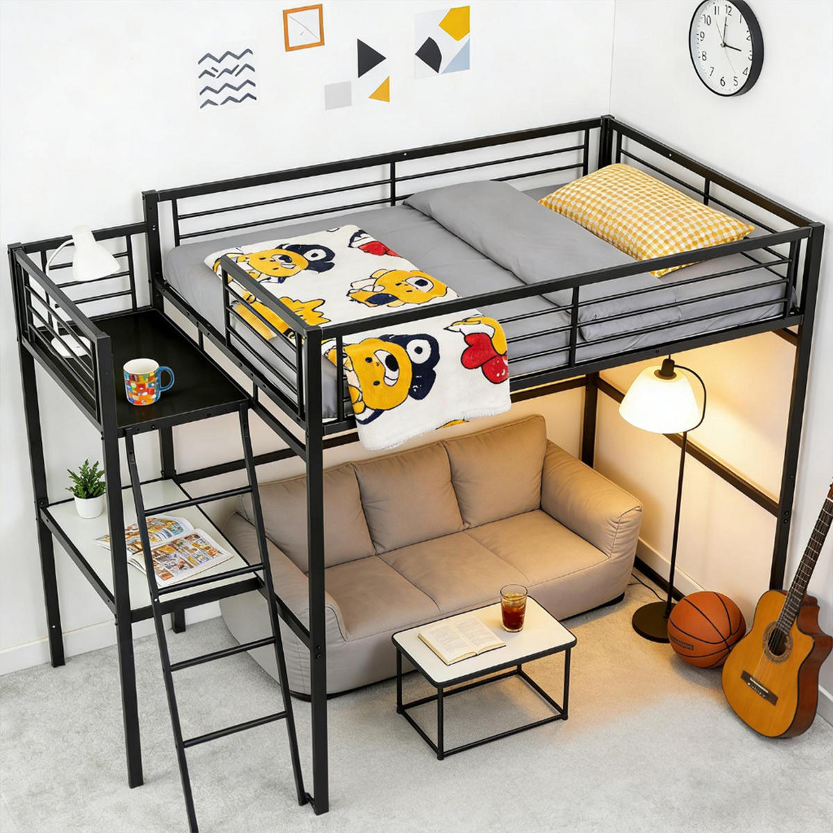 HOCHBETT Metall Schwarz 140x200 cm – Loftbett mit Arbeitsbereich, Leiter und Sicherheitsgeländer - Schwarz, Metall (145.5/201cm) - Meubles Cosy