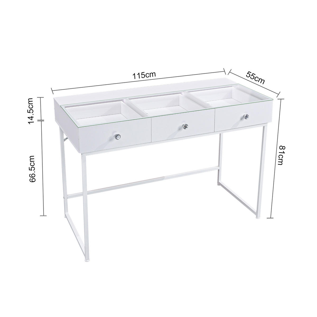 SCHMINKTISCH mit 3 Schubladen 115/55/81 CM und LED Beleuchtung Schminkspiegel Lichtleiste weiß 58/46 cm - Weiß, Holz (55/81/115cm) - VANITII