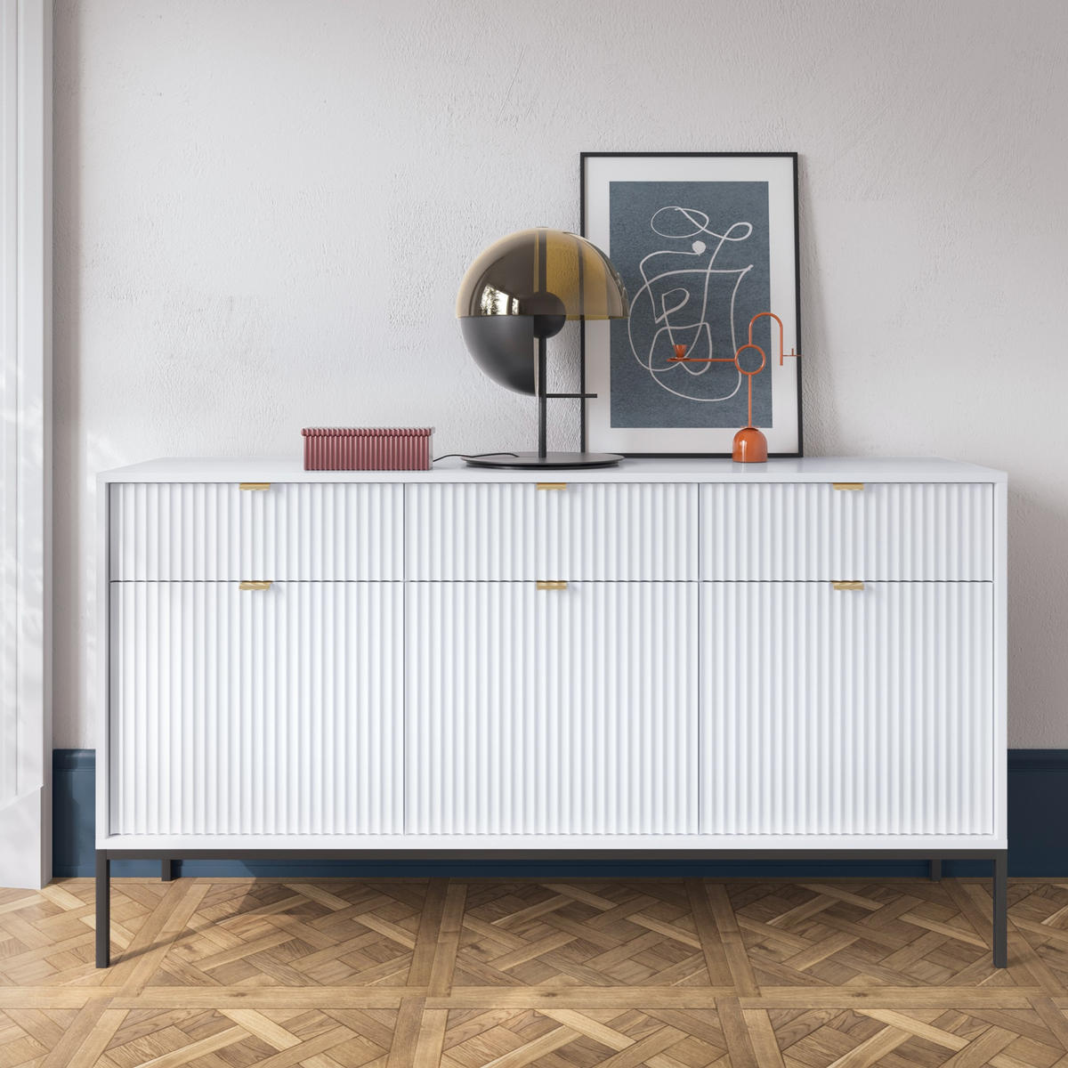 WEISSE Moderne Geriffelte Kommode KIOTO K3D3SZ (Schwarzes Gestell, Soft-Close Türen) - Goldfarben/Schwarz, Holz/Holzwerkstoff (154/83/39cm) - Ravio