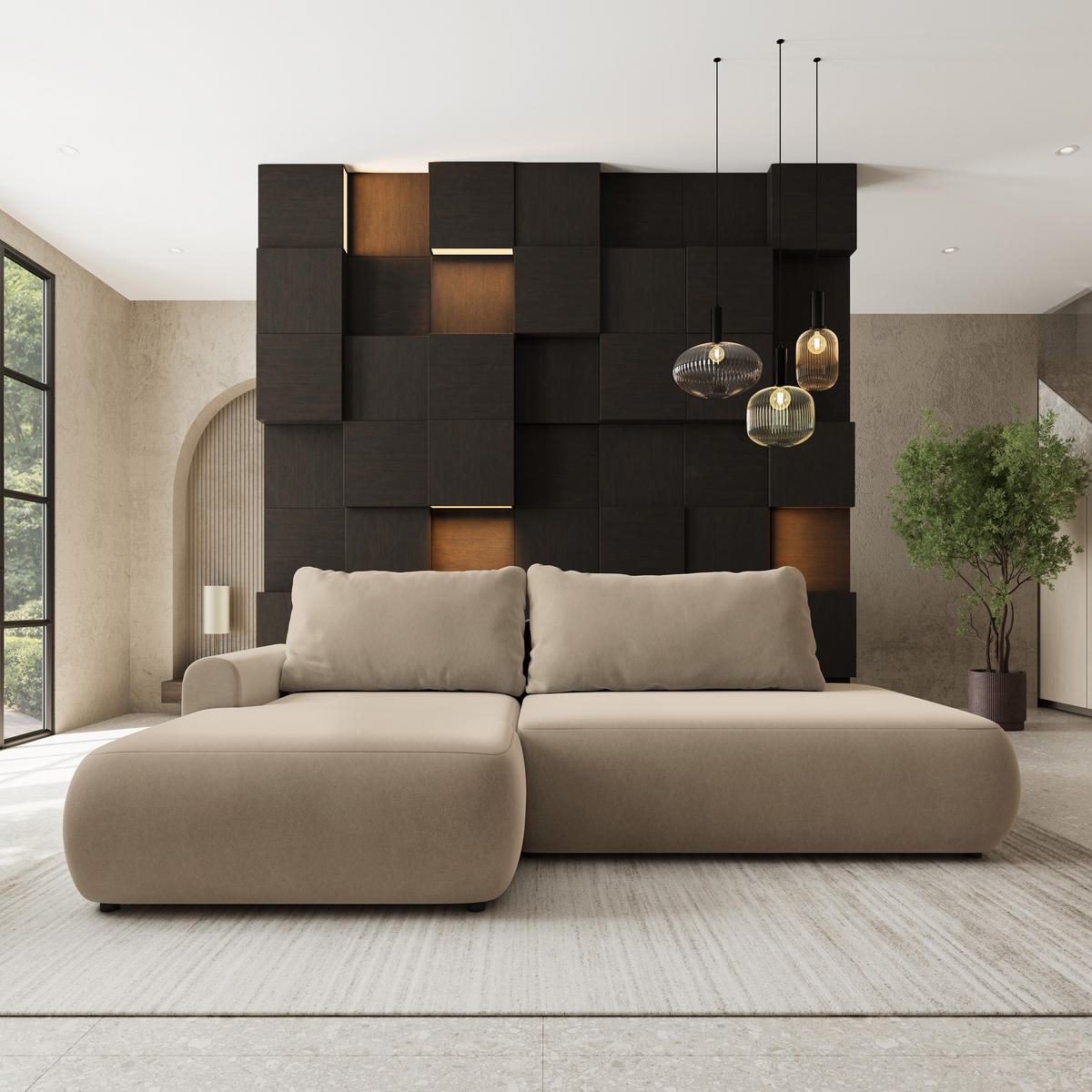 ROHOVÁ Sedačka NUVIRA CASTEL 15, Béžová - černá/béžová, dřevo/textil (279/158cm) - MASSENO