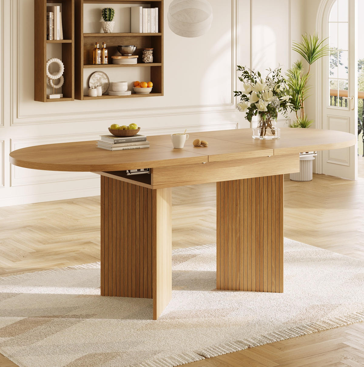 ESSTISCH aus MDF 120-160x80x75 cm Naturholzfarben mit Ausziehfunktion und gerillten Panel-Beinen - Hellbraun, Holzwerkstoff (120/80/75cm) - Modfu