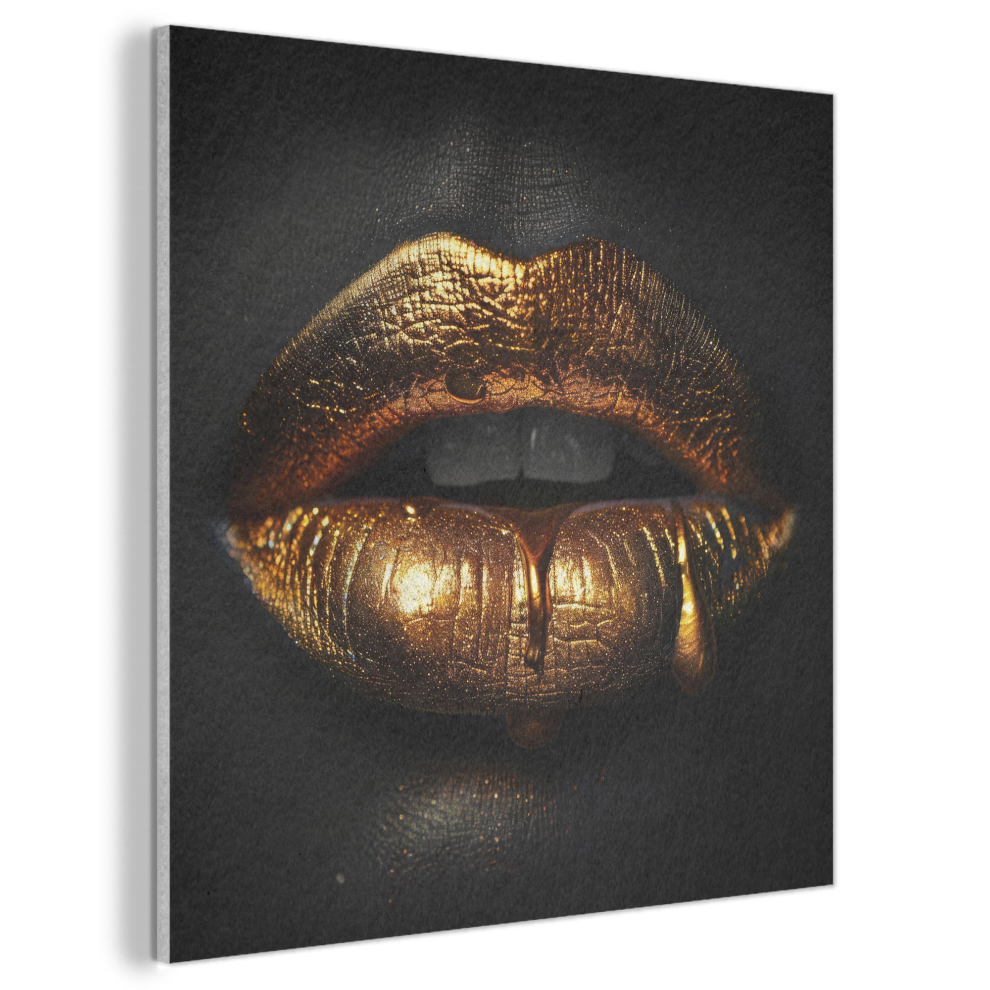 AKUSTIKBILD Frau - Porträt - Lippen - Gold - Schwarz Wandbilder 60x60 cm - Schwarz, Kunststoff (60/60/0.9cm) - MuchoWow