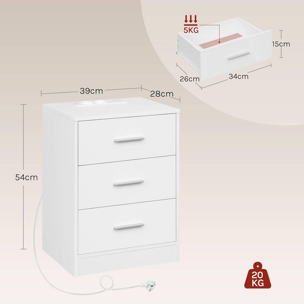 NACHTTISCH, Beistelltisch mit Ladefunktion, Weiß - Weiß, Holzwerkstoff (39/54/28cm) - Woltu