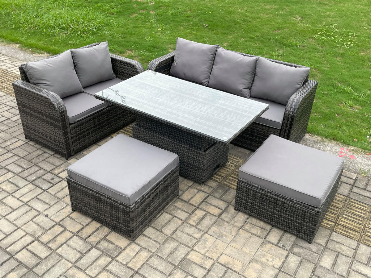 GARTENSOFA-SET MIT HÖHENVERSTELLBAREN ESSTISCH Polyrattan 7-Sitzer - Dunkelgrau/Grau, Glas/Kunststoff - Fimous