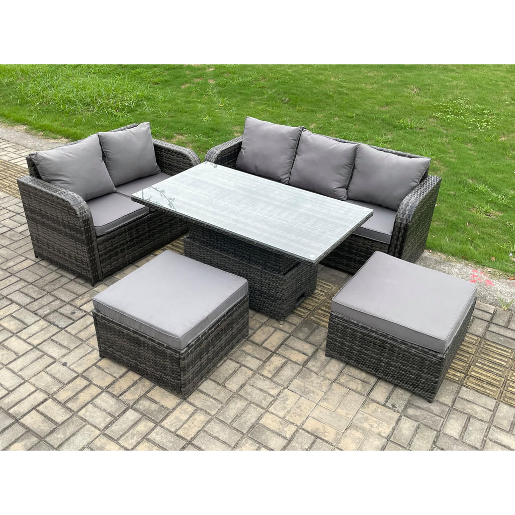 Thumbnail - Fimous Gartensofa-Set, Dunkelgrau, Metall, Kunststoff, Glas, 7-Sitzer, Füllung: Schaumstoff, rechteckig, Loungemöbel, Lo...
