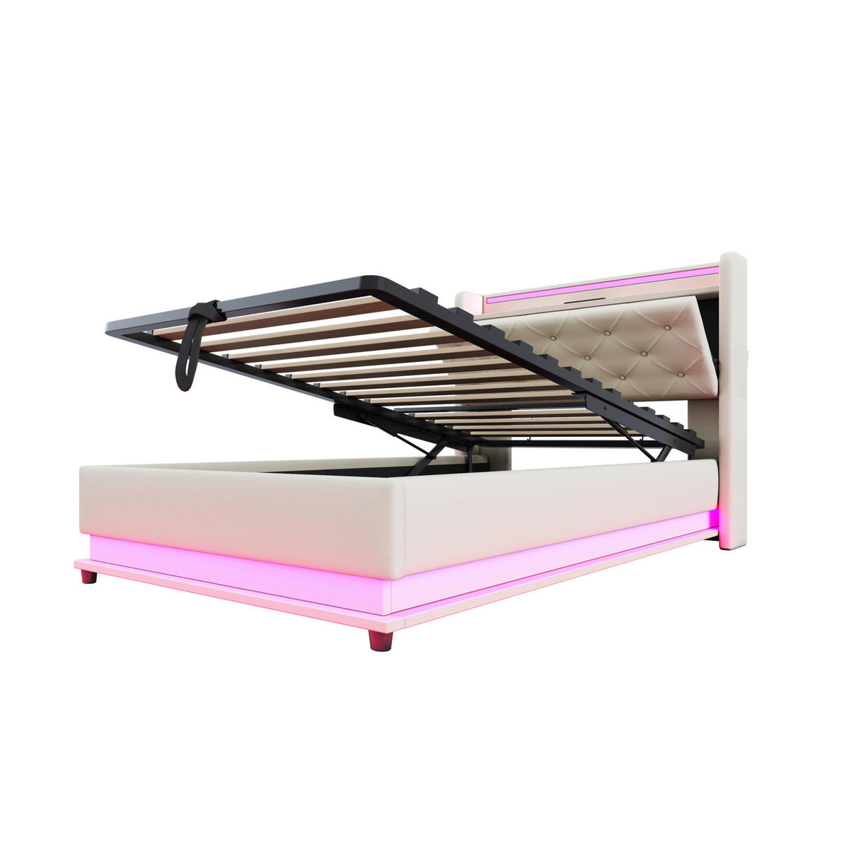KINDERBETT 90/200 cm in Beige mit LED-Beleuchtung, Stauraum und USB- und Type-C-Anschlüssen - Beige, Textil (90/200cm) - Flora Grace