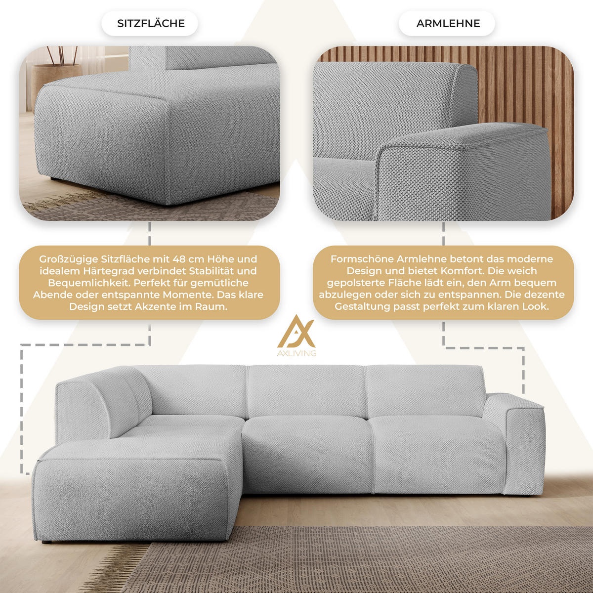 ECKSOFA L Form Didim Ivory 292/220/78 cm – großes Sofa stilvoll & bequem L - Greige/Champagner, Kunststoff/Textil (220/292cm) - AX Living