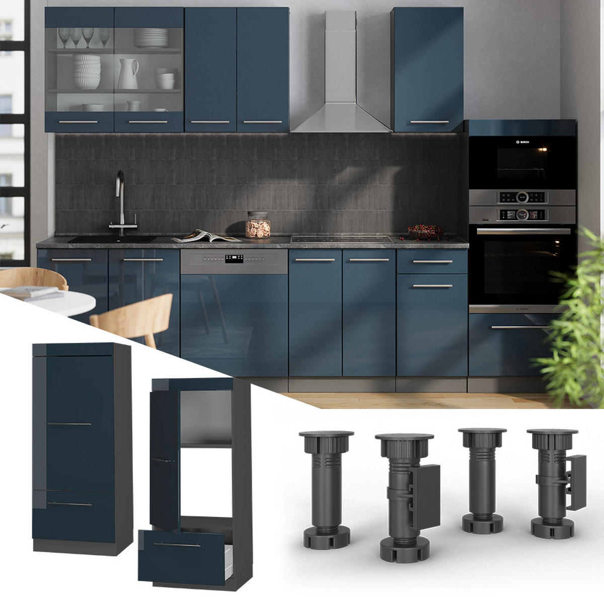 MIKROWELLENSCHRANK Fame-Line Dunkelblau Hochglanz 60 cm - Anthrazit/Dunkelblau, Holzwerkstoff (60/153.6/58.1cm) - Vicco