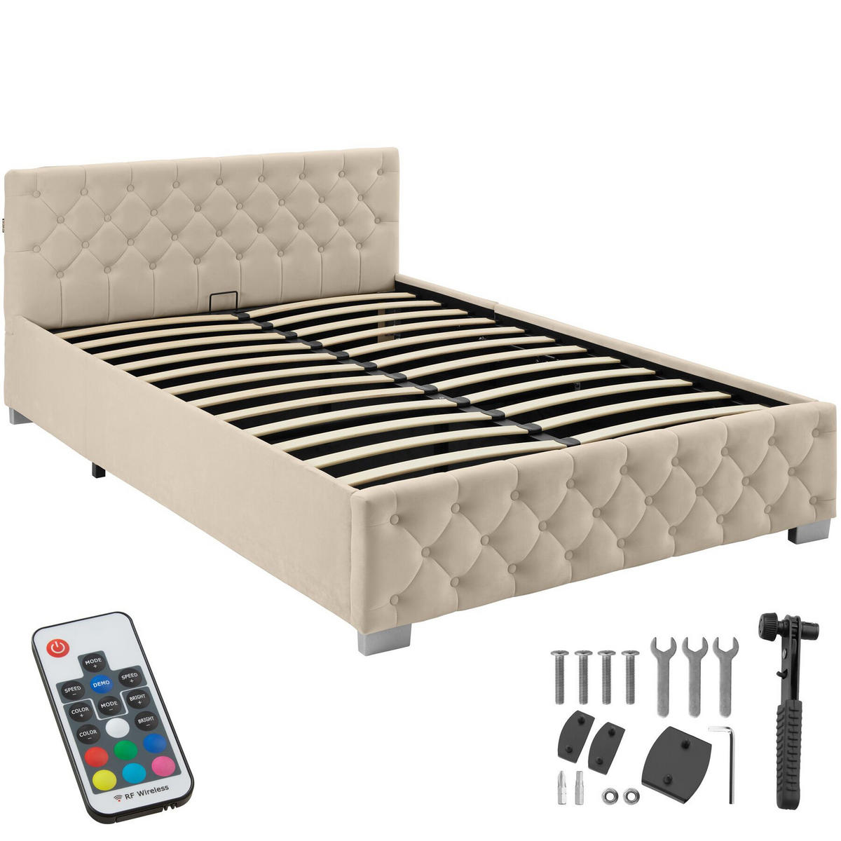 POLSTERBETT Venice, großer Stauraum, Samtoptik sand - Gelb/Samtahornfarben, Holz (140/200cm) - tectake