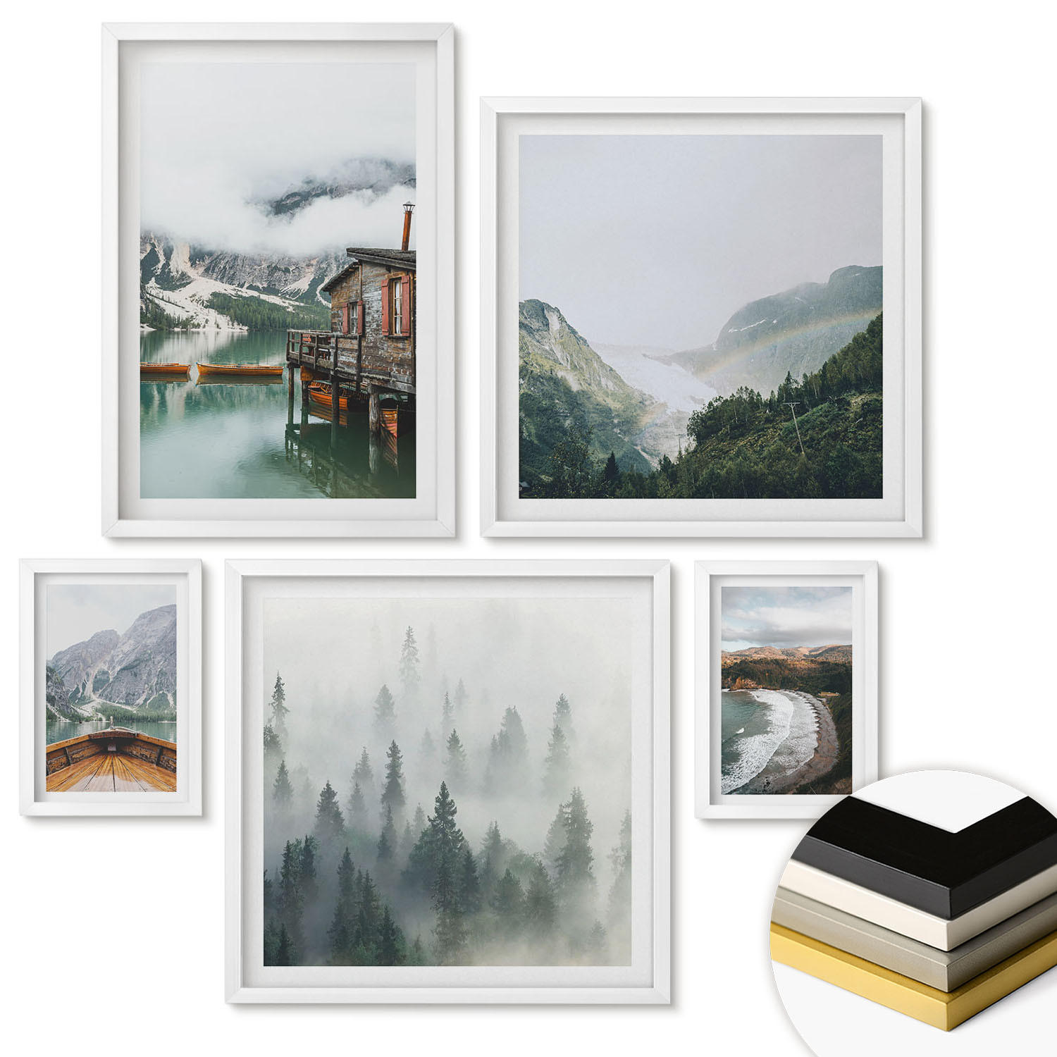WANDBILDER 5er-Set - 50x50 cm & 20x30 cm & 40x60 cm Weißer Rahmen - Berge, See, Boot, Nebel, Strand - Weiß, Kunststoff (40/60cm) - ArtPrintCave