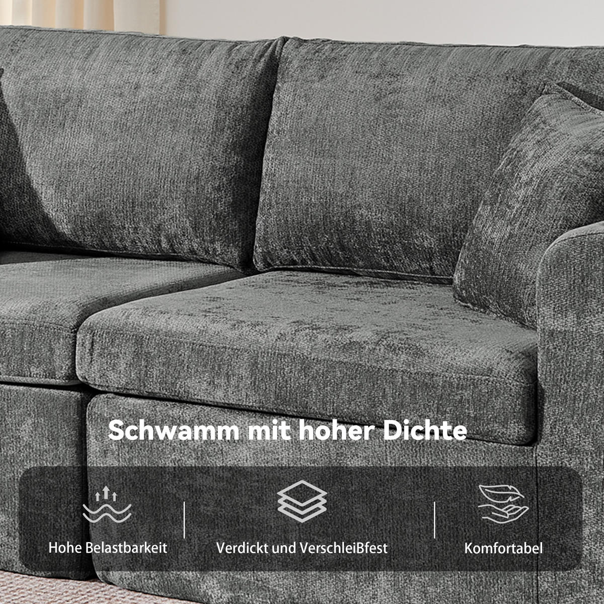2-SITZER SOFA Chenille Gray mit USB-Ladefunktion, Magazintasche, Getränkehalter und Kissen - Grau, Textil (220/89/100cm) - WISHDOR