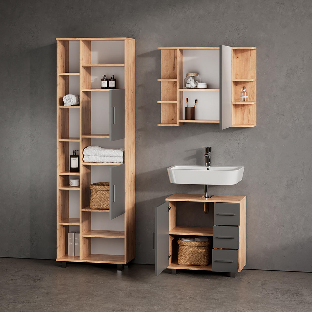BADMÖBEL-SET Eisak Eiche 3 Teile, mit Unterschrank 60 cm - Eichefarben/Anthrazit, Holzwerkstoff (60/60/33cm) - Livinity®