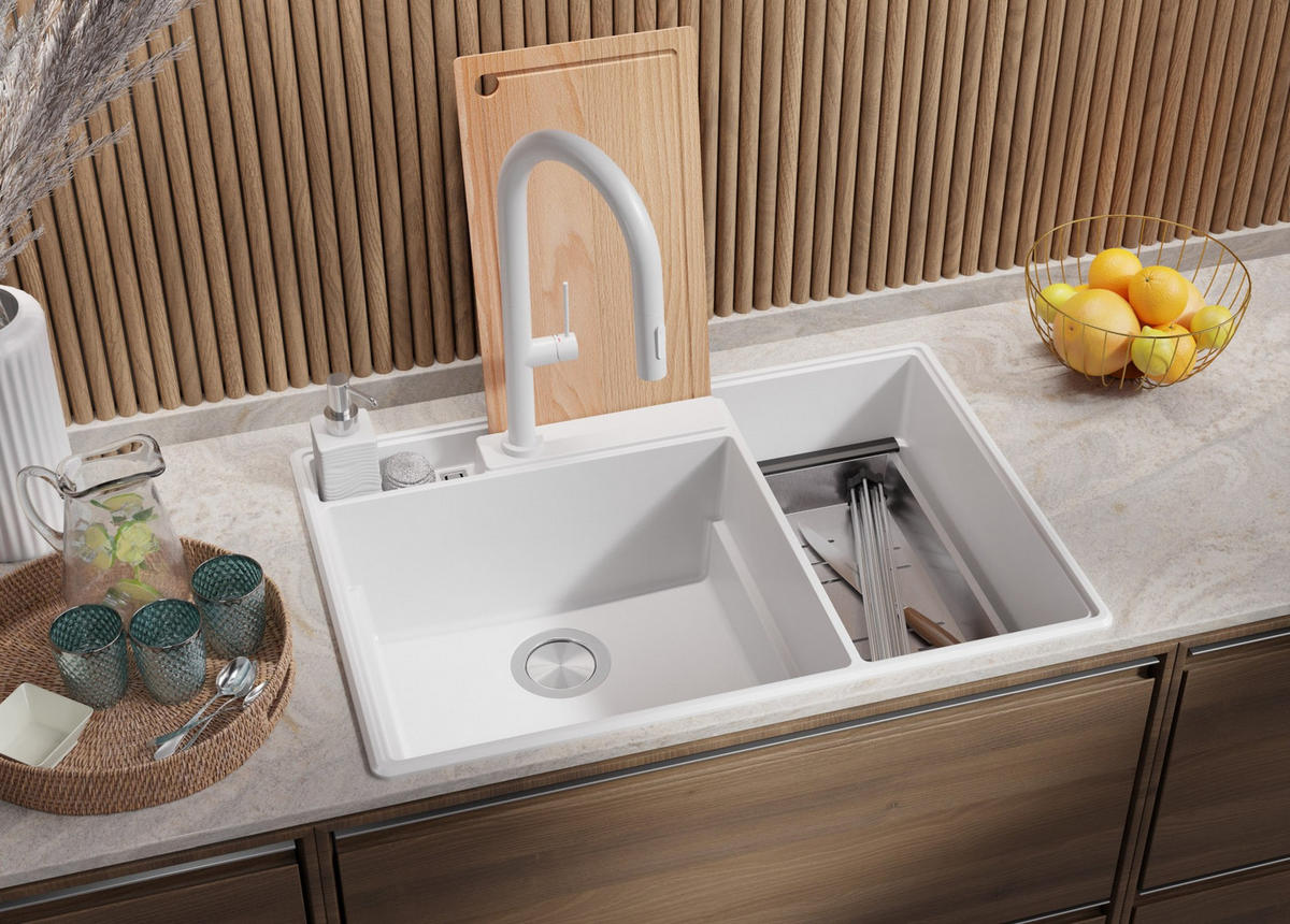 SPÜLBECKEN Paris, 2-er set Weiß 78/53 cm 2 Becken + Ablauf-Set + Küchenzubehörset ab 80er Unterschrank - Chromfarben/Edelstahlfarben, Kunststoff (78/20/53cm) - Primagran