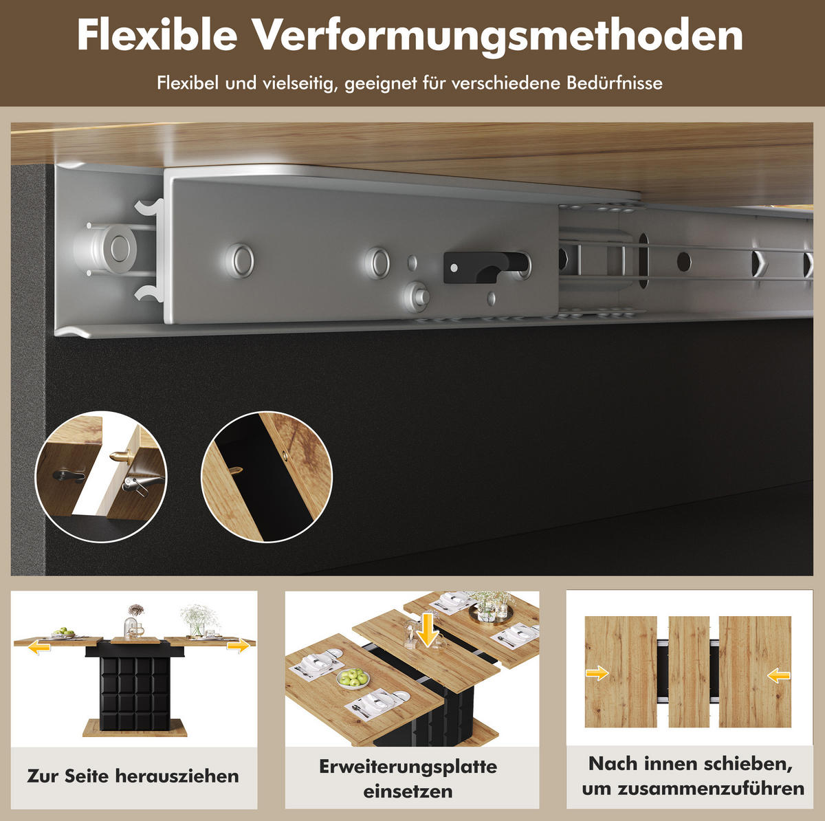 JÍDELNÍ stůl 110-140/80/75 cm černá/přírodní z MDF a kovu s rozkládáním a úložným prostorem - černá, kompozitní dřevo (110/80/75cm) - OKWISH