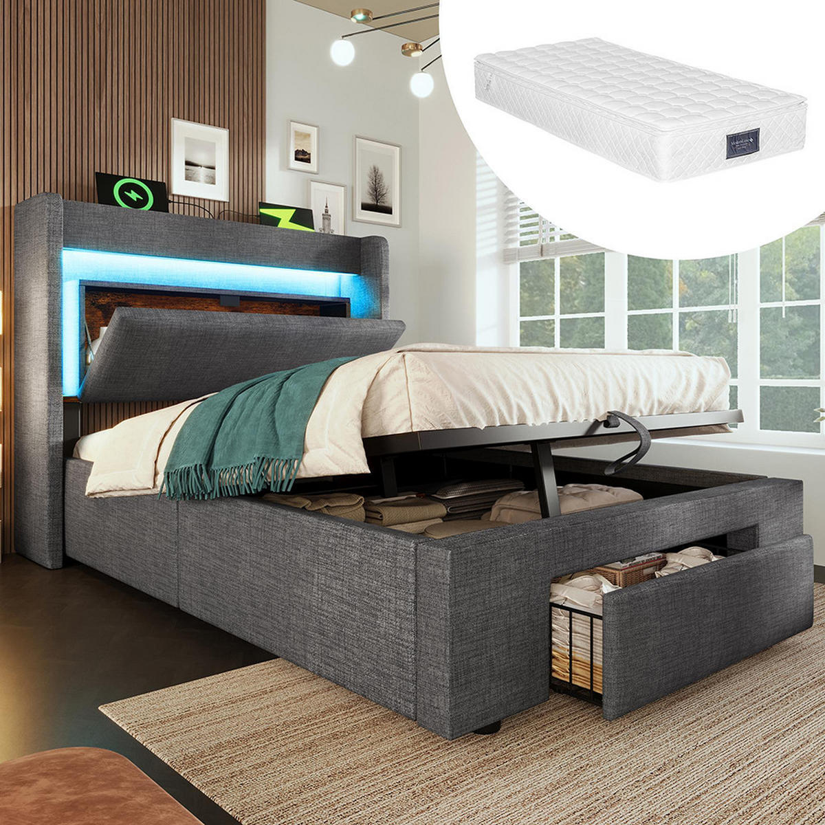 POLSTERBETT 90x200 cm Mit Matratze,Leinen in Grau - Grau, Textil (90/200cm)