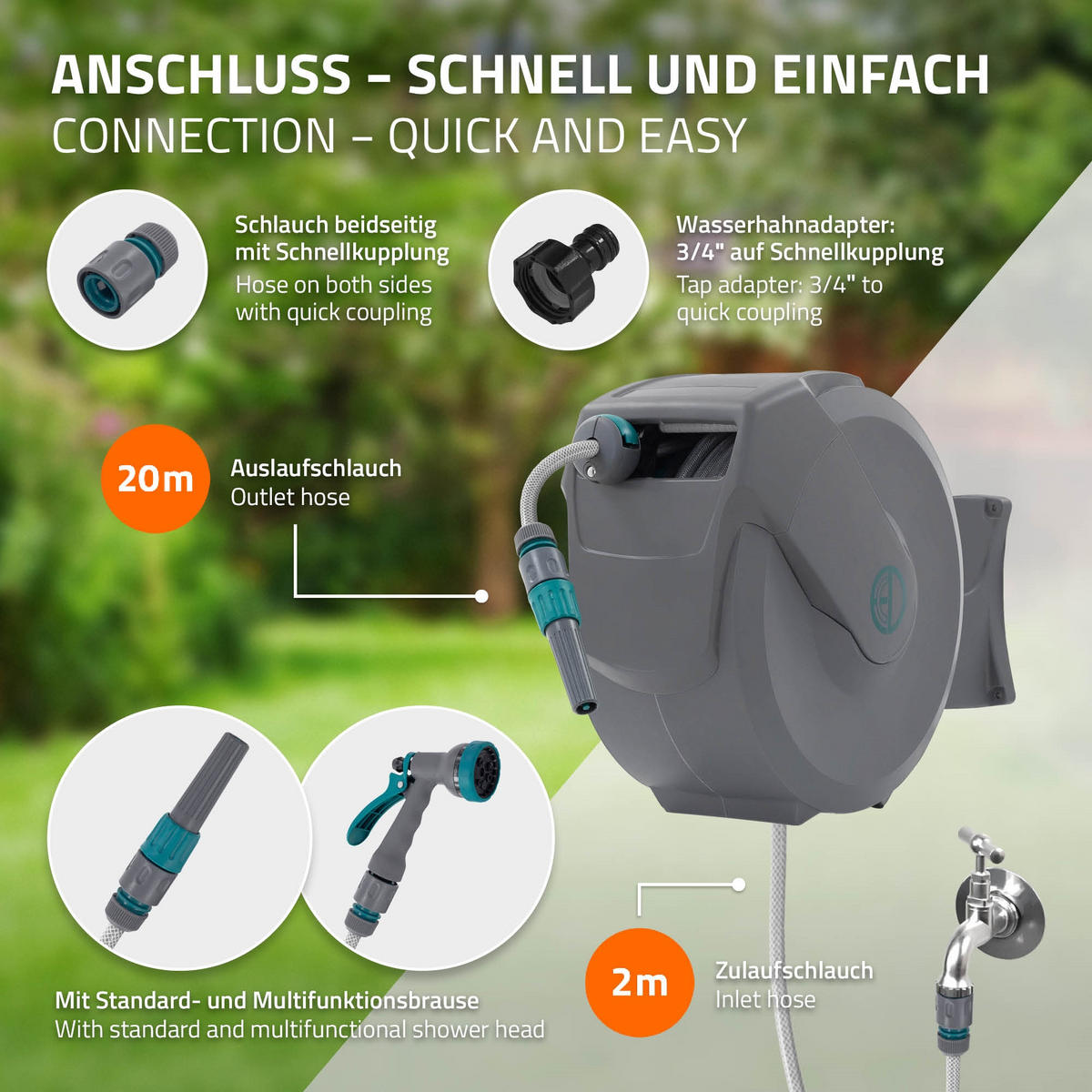 SCHLAUCHAUFROLLER 20m - Grau, Kunststoff (18/40/52cm) - ECD-Germany