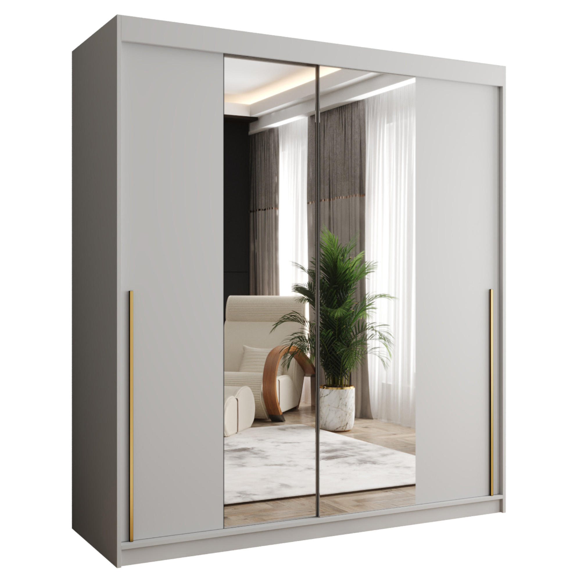 SCHIEBETÜRENSCHRANK mit Spiegel 180 cm Breite, weiß mit goldenem Griff - Goldfarben/Weiß, Holzwerkstoff (180/200/62cm) - Home Collective