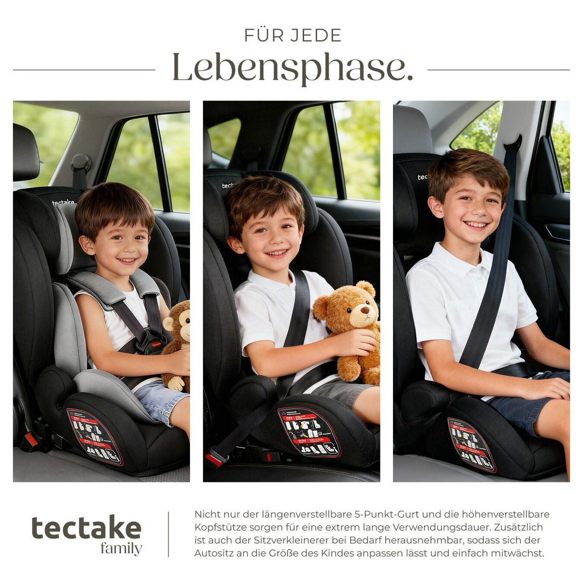 AUTOSITZ Emely,ab 15 Monaten von 76 bis 150 cm, Belastbarkeit 36 kg,dunkelgrau/schwarz - Dunkelgrau/Schwarz, Kunststoff (48/74/48cm) - tectake