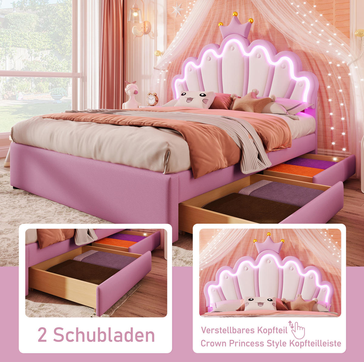 POLSTERBETT 140/200 cm in Rosa mit 2 Schubladen und LED-Beleuchtung - Rosa, Kunststoff (140/200cm) - Flora Grace