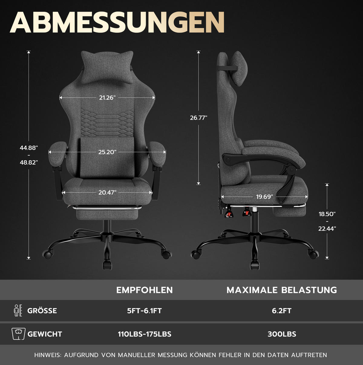 GAMING-STUHL ergonomisch Stoff Dunkelgrau mit Fußstütze - Dunkelgrau, Kunststoff (63/120.5/58.5cm) - Meubliv