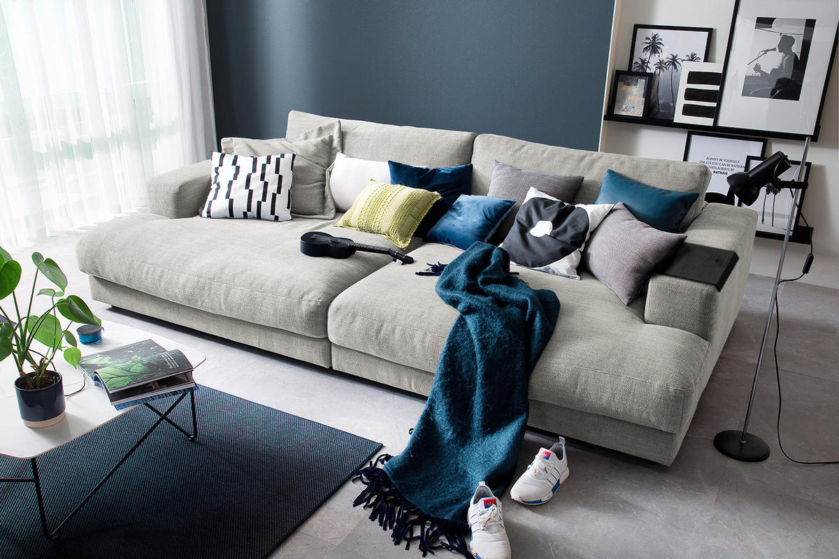 BIG SOFA MIT TABLETT SCHWARZ MADELINE Silber Webstoff - Silberfarben/Schwarz, Kunststoff/Textil (290/85/170cm) - KAWOLA