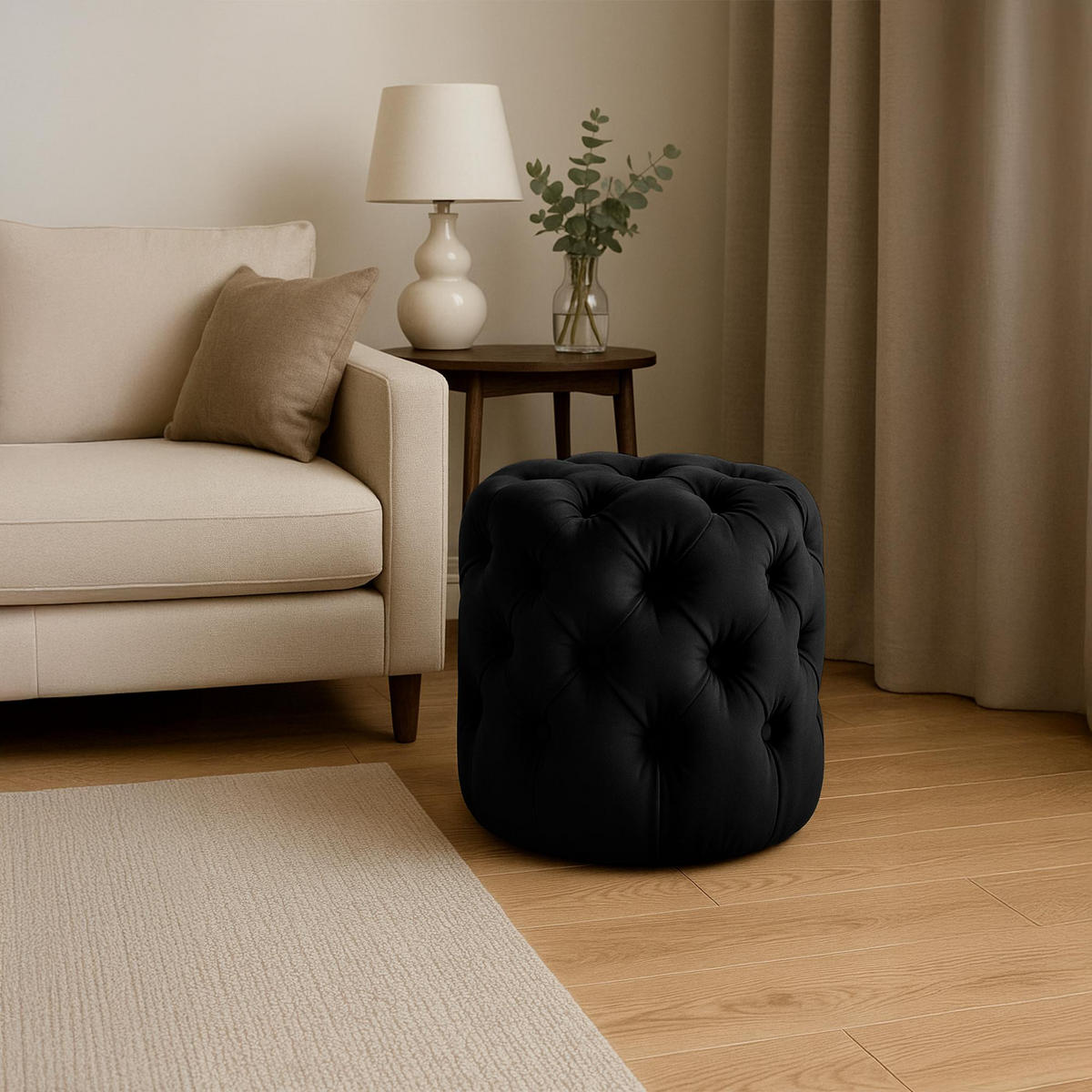 SITZPOUF rund Samt Schwarz - Eukalyptusholzfarben/Schwarz, Holz/Textil (42/46/42cm) - CLP