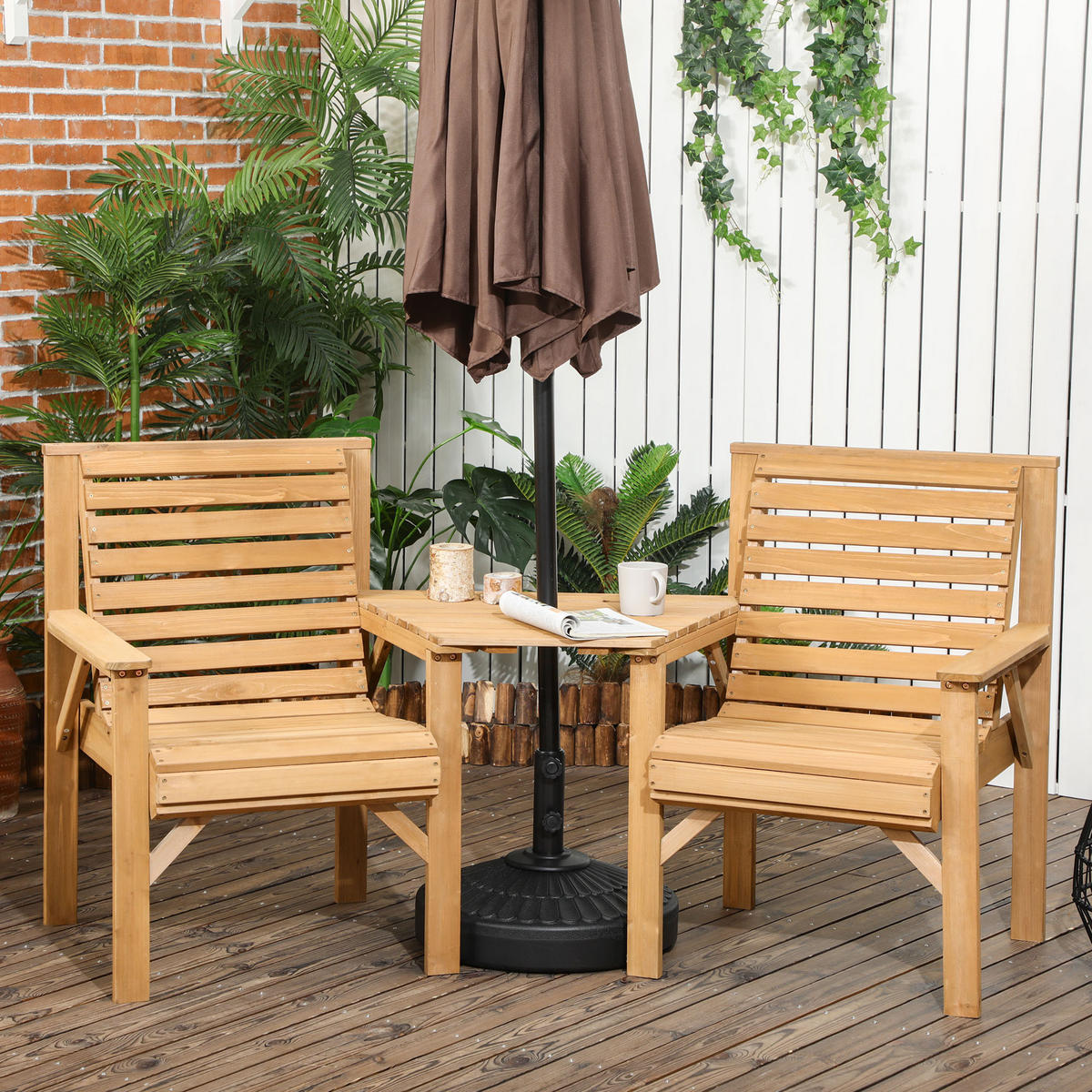 BISTRO-SET DE-07338 aus Holz mit Lamellendesign und Sonnenschirmloch Braun - Braun, Holz - ComfortXL