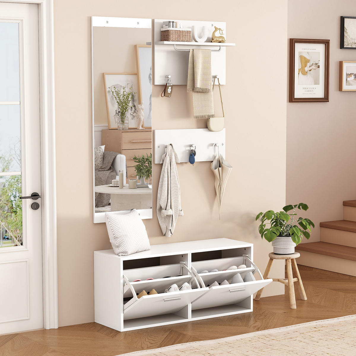 GARDEROBE-SET 4-teilig Spiegel Schuhschrank Haken Weiß - Weiß, Holzwerkstoff (90/41.5/30cm) - FLIEKS