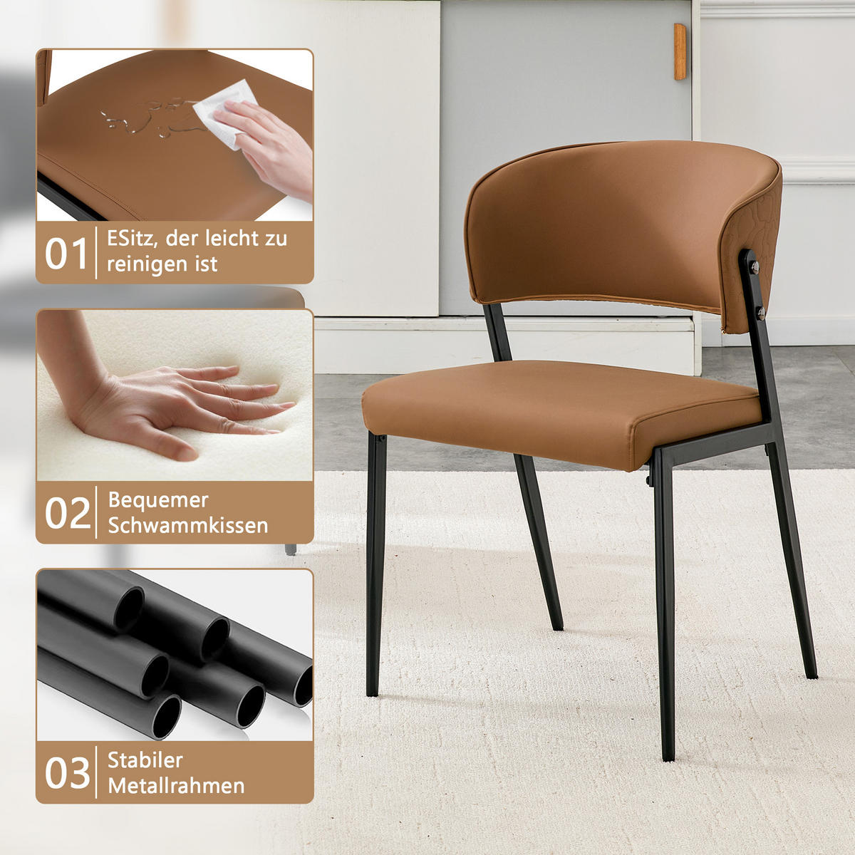 STUHL-SET DE-36686 2 Stück mit Kunstlederbezug und Metallgestell Braun - Braun, Metall (49/78/51cm) - ComfortXL