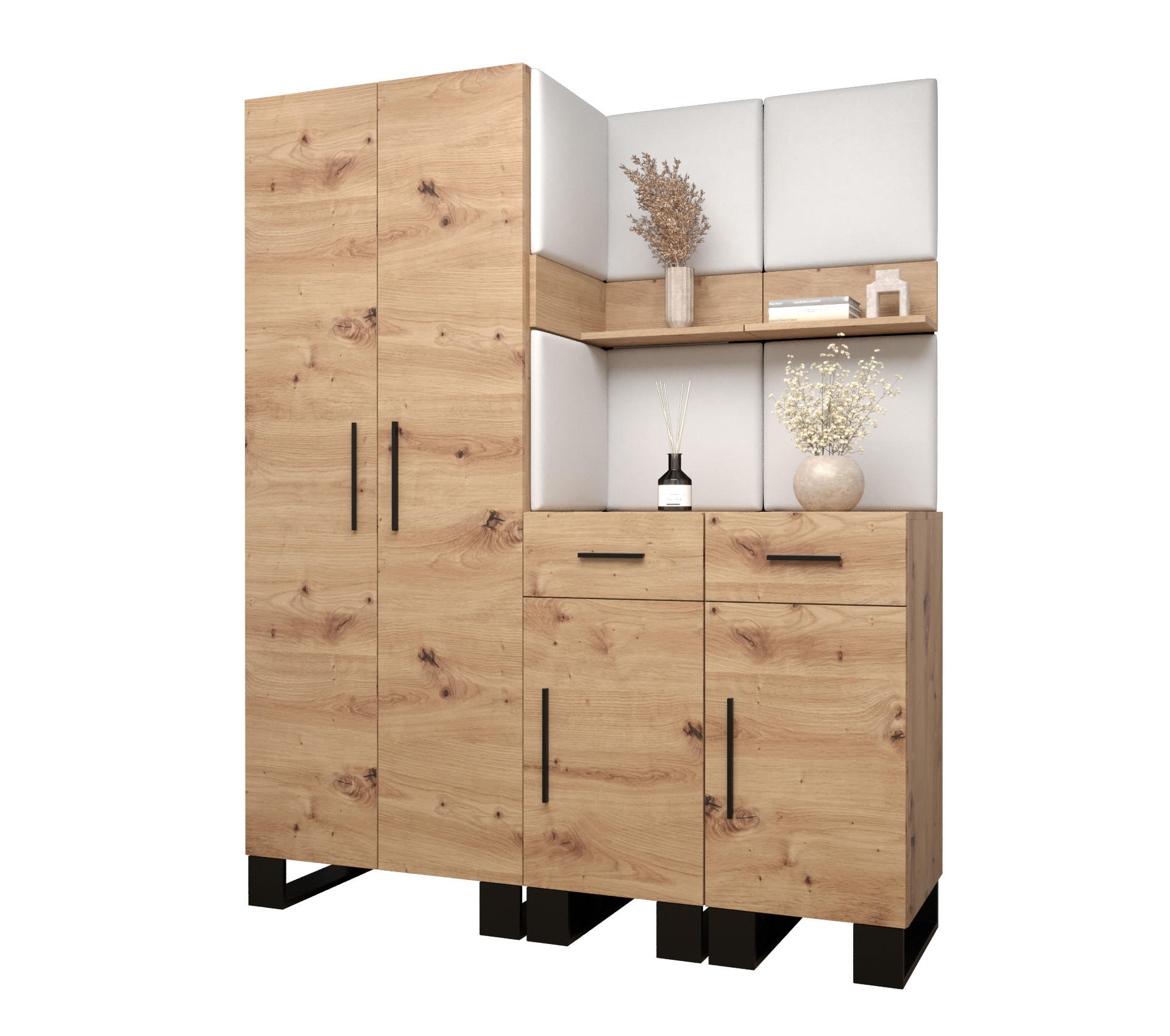 Abiks Möbel Garderoben-Set Eiche Artisan, Weiß 158x196x45.6 cm